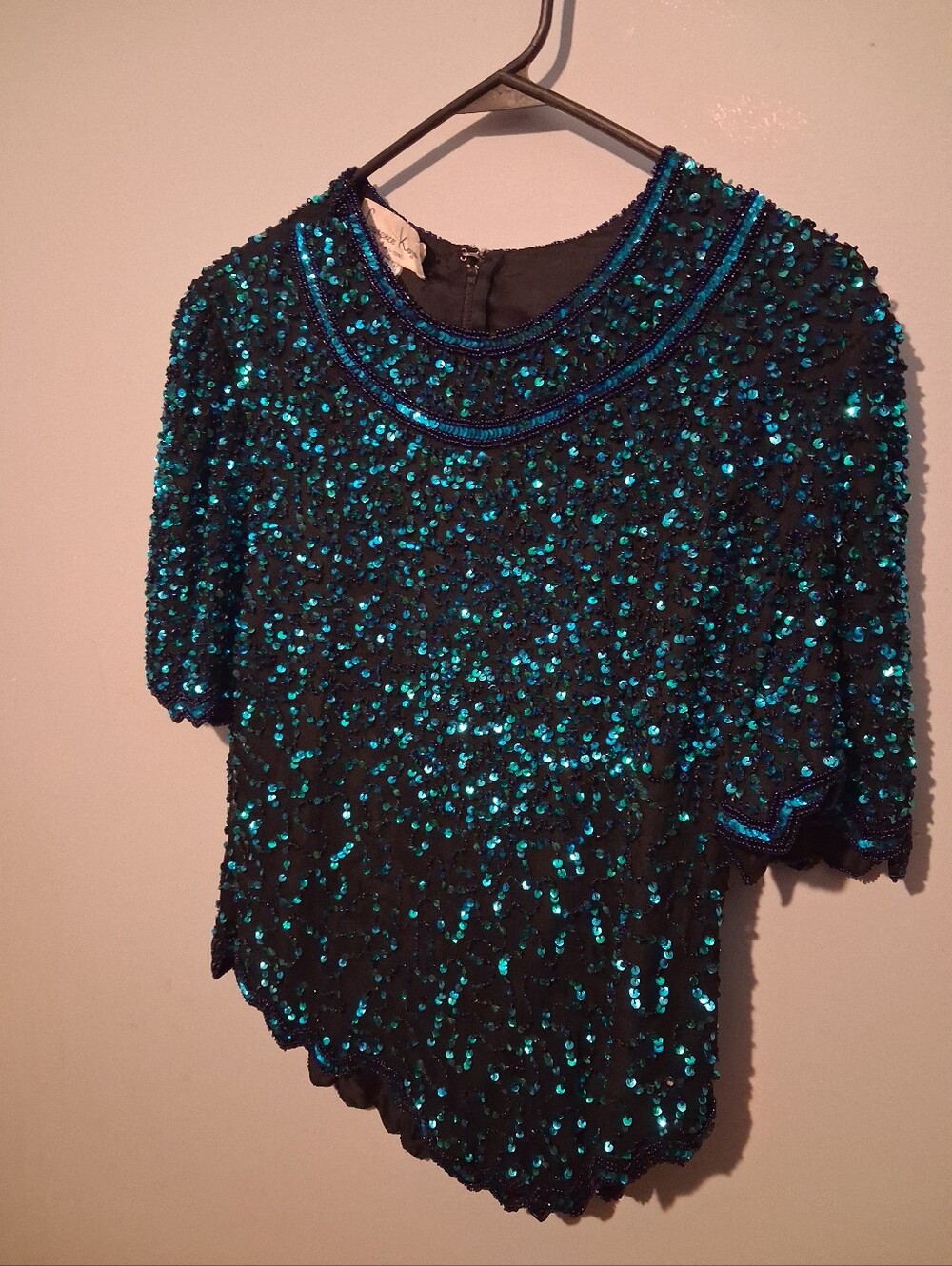 Vintage Laurence Kazar Women Beaded Sequin Silk Top Blue L 90s Glam Christmas